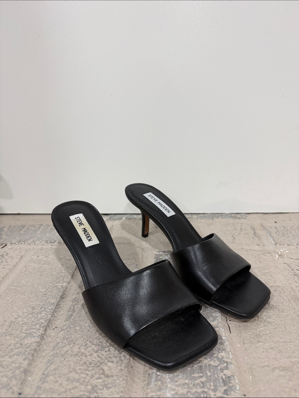 Steve Madden Black Leather Open-Toe Mule Heels